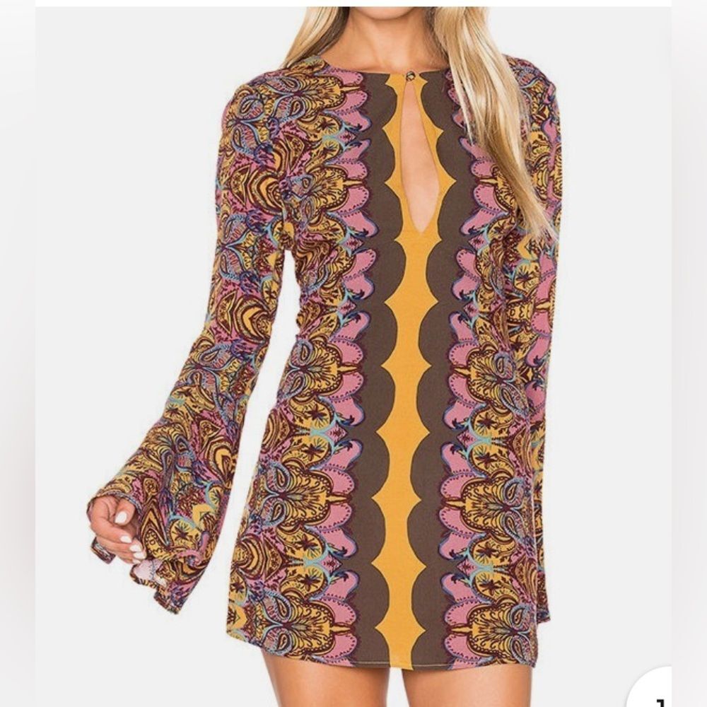 Free People Lady Luck Bohemian Hippie 70’s multicolored mini dress. size 8
